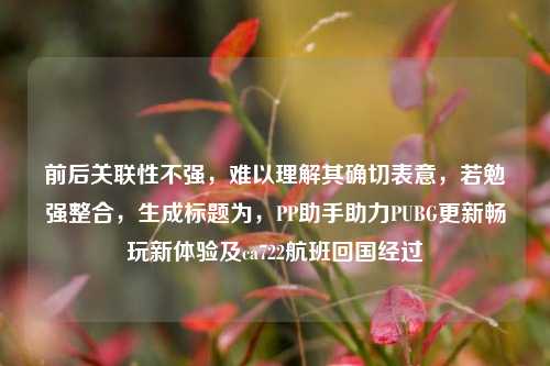 前后关联性不强，难以理解其确切表意，若勉强整合，生成标题为，PP助手助力PUBG更新畅玩新体验及ca722航班回国经过